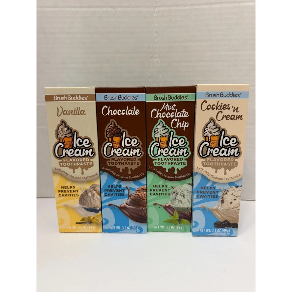 Brush Buddies Ice Cream Flavored Toothpaste 4 Pk Mint Cookies Vanilla Chocolate